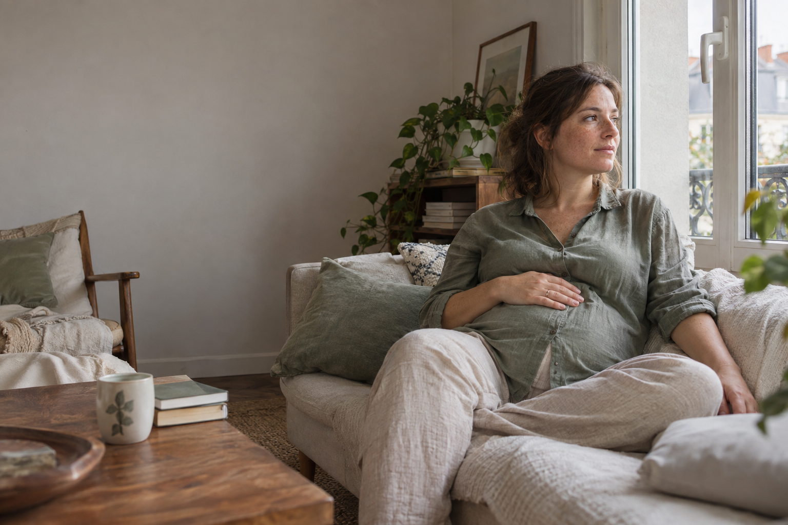 Femme enceinte assise près d’une fenêtre