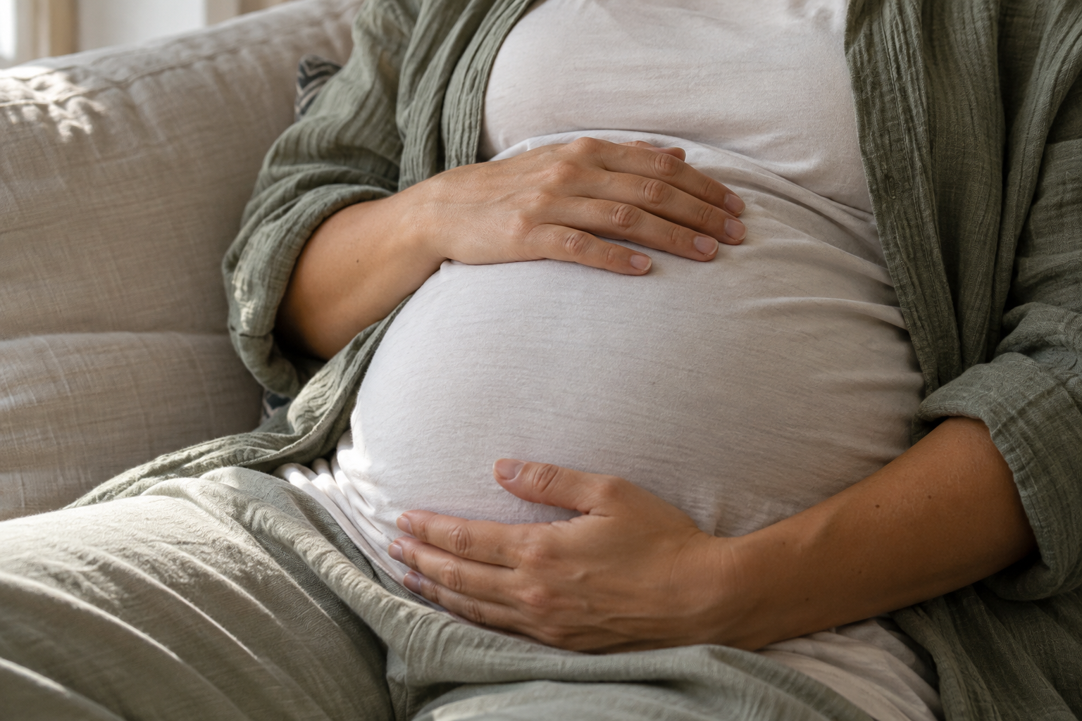 Mains posées sur le ventre d’une femme enceinte