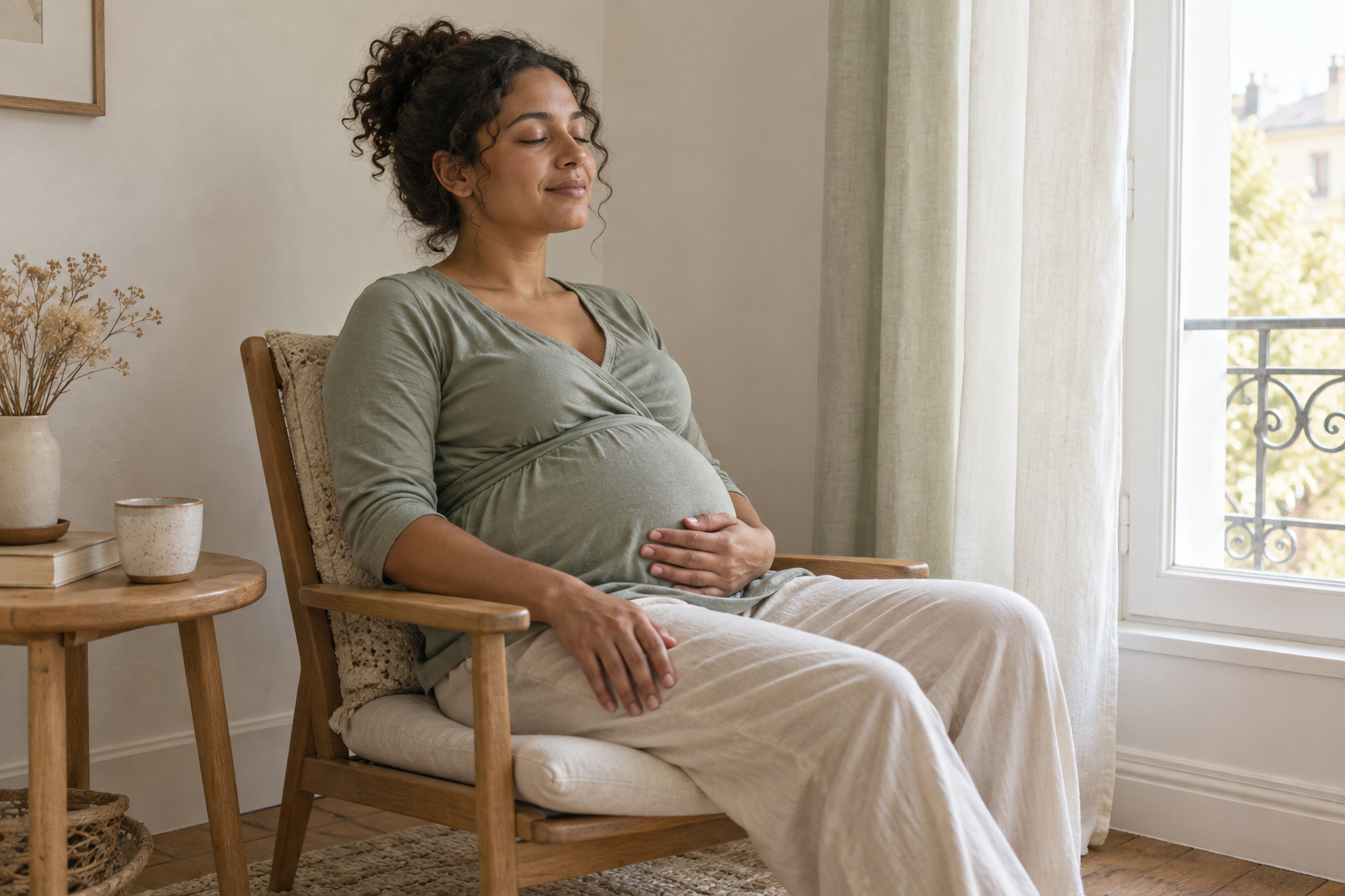 Femme enceinte assise, les yeux fermés, dans un moment de détente